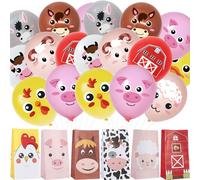 18 Pièces Ballon Animal De Ferme,6 Sacs À Friandises Pour Fête D'Anniversaire Motif Animaux De La Ferme,Ensemble De Ballons En Latex Pour Animaux Thème Ferme,Pour Anniversaire Fête