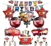 18 pièces Décoration d'anniversaire Cars, Comprend bannière, 3D Ballons en aluminium, Décoration de cupcake, Convient pour la décoration d'anniversaire des garçons