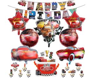 18 pièces Décoration d'anniversaire Cars, Comprend bannière, 3D Ballons en aluminium, Décoration de cupcake, Convient pour la décoration d'anniversaire des garçons