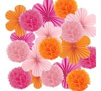 18 pièces Ensemble de boules de décoration de fleurs en éventail de papier orange et rose, tailles mixtes convenant pour anniversaire, mariage, baby shower, douche nuptiale, décoration d'arrière-plan 