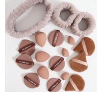 18 pièces Ensemble d'outils de maquillage, comprenant 1 pièce bandeau, 2 serre-poignets, 3 éponges de maquillage régulières et 3 mini, 3 houppettes triangulaires, 6 coussins d'air. Éponge de beauté sa