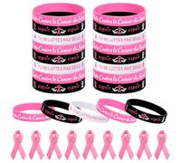 18 Pièces Octobre Rose Bracelets en Silicone, 18 Pièces Broches Ruban Rose | Français Bracelets de Sensibilisation au Cancer du Sein, OctobreRose Accessoires Fournitures Activité Cadeau