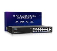 18 Port Gigabit PoE Switch with 16 Port PoE+ 1000Mbps, 2x1000Mbps Uplink, GiGaPlus 18 Port IEEE802.3af/at PoE @250W, Support VLAN, Metal Housing, Desktop Or Wall-Mount, Plug & Play