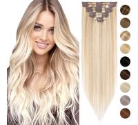 18 Pouces/45CM Extension de Cheveux A Clip 8 PCS Rajout Cheveux Humains Naturels Lisse Epaisseur Légère Remy Hair Clip In Hair Extension - #18P613 Sable Blond & Blond Très Clair