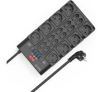 18 Power Strip Sockets with Switch (3680W/16A) and 2M Cable, USB 4 USB-A + 2 USB-C (15W), 2100J Power Strip Surge Arrester and Surge, Electric Power Strip with Earth, Black