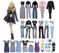 18 vestes de poupée compatibles avec Barbie, y compris élégant col en fourrure ensemble jeans mille oiseaux à carreaux ensemble manteau en peluche ensemble de sport robe maison ensemble 5 chaussures 2
