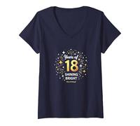 18 Years of Shining Bright Cadeau d'anniversaire T-Shirt avec Col en V, Femme, Bleu Marine, S