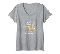 18 Years of Shining Bright Cadeau d'anniversaire T-Shirt avec Col en V, Femme, Gris Chiné, S