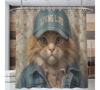 180 * 200cm Chat Portant Une Casquette De Baseball Rideau De Douche, Salle De Bains Rideau Portrait d'animal Anthropomorphe Rideaux De Douche Imperméable Rideaus De Bain avec Crochet, Bleu