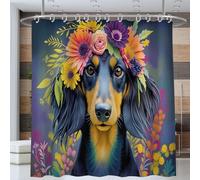 180 * 200cm Teckel Portant Une Couronne De Fleurs Rideau De Douche, Salle De Bains Rideau Portrait d'animal Rideaux De Douche Imperméable Rideaus De Bain avec Crochet