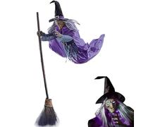 180 Cm Flying Witch Halloween Decor avec Balai, Yeux Lumineux Et Mouvement Activé Sound Effrayant, 6 Pieds Survol De La Sorcière Animatronique, Décoration De Maison Animée d'horreur pour Jardin Gray