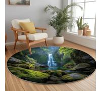 180 cm Moderne Tapis Rond Salon, Cascade Forêt Rochers modèle Tapis de Sol Antidérapant pour Salon Chambre Cuisine Balcon Terrasse Salle à Manger Intérieur Extérieur, Vert Olive