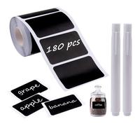 180 Pcs Étiquettes Autocollantes Noires, Étiquettes imperméables avec 2 stylos à craies blanches - 60 x 40 mm