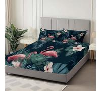 180 x 200 cm Drap Housse Microfibre, Feuilles Tropicales Flamant Rose Imprimé Parure De Lit Doux Élastique Drap Housse 30 cm Profonde pour Matelas Epais - Convient à Toutes Les Saisons, Bleu-Vert