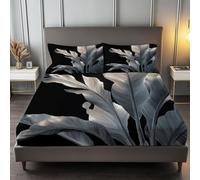 180 x 200 cm Drap Housse Noir, Lignes Minimalistes De Feuilles De Bananier Drap-Housse Microfibre Doux Bonnet 30cm Matelas en Microfibre 2 Personnes, Très Doux et Respirant avec Élastique Tout Autour