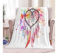 180 x 200 cm Plaid Couverture Polaire Attrape-Rêves Aquarelle avec Plumes, Douce Moelleuse Flanelle Lit Jeté Canapé Convient Adultes et Enfants Rester Chaud Hiver, Blanc
