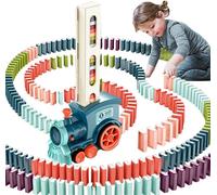 180Pcs Jouets de Train Domino Ensemble,Train Électrique avec Lumières et Musique,Automatique Rallye Train Empilés Blocs Domino Enfants,Jouets éducatifs pour Garçons et Filles (Bleu)