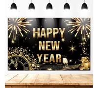 180x115cm Bannière de Bonne Année, Grand Doré Toile de Fond Happy New Year Décoration Réveillon Nouvel An 2024 Fournitures de Fête Feu d'Artifice Horloge Fond Noir Accessoires Photo