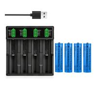 18650 Pile Chargeur avec 4 Pack 3,7V 2200mAh Button Top Pile Rechargeables NiMH, 4 Sel USB Batterie Chargeurs pour 10440 14500 16340 18500 18650 21700 26650 Li-ION IMR INR ICR 3,7Volt Piles