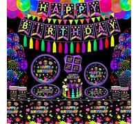 187 Pack Fournitures de Fête Fluorescentes Décorations de Fête Phosphorescentes Set de Table BlackLight - Assiettes, Bannières Black Light, Ballons Fluorescents, Nappe, Glands, Serviettes 20 Personnes