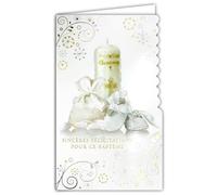 19-634 Carte Porte-Billet avec Enveloppe Sincères Félicitations Baptême Garçon Fille Croix Chrétienne Catholique Dragées Chaussons Bébé Bougie Cierge Lumière Parrain Marraine - Fabriqué en Europe