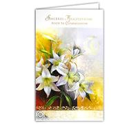 19-639 Carte avec Enveloppe Sincères Félicitations pour ta Communion Garçon Fille Chrétien(ne) Catholique Ostie Pain Vin Coupe Calice Ciboire Fleurs Lys Blancs Parrain Marraine - Fabriqué en Europe