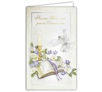 19-642 Carte Porte-Billet avec Enveloppe Sincères Félicitations pour ta Communion Garçon Fille Chrétien(ne) Catholique Bible ouverte Cierge Bougie Colombe Fleurs Illustration - Fabriqué en Europe