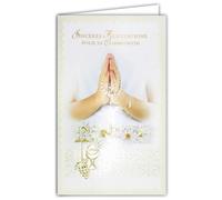 Afie 19-645 Carte Porte-Billet avec Enveloppe Sincères Félicitations Communion Fille Mains Jointes en Prière Chapelet Croix Chrétienne Catholique Sainte Vierge Marie Fleurs Marguerites Blanches