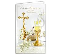 19-647 Carte Porte-Billet avec Enveloppe Sincères Félicitations Communion Garçon Fille Croix Chrétienne Catholique Crucifix Chapelet Notre Père Je vous salue Marie Pain Vin Coupe Calice Ciboire