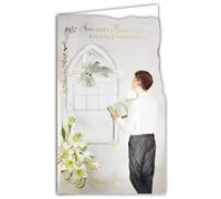 AFIE 19-649 Carte Porte-Billet avec Enveloppe Sincères Félicitations Communion Garçon Croix Chrétienne Catholique Chapelet Notre Père Je vous salue Marie Bible ouverte Colombe Fleurs Lys Blancs