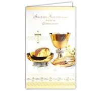 19-650 Carte Porte-Billet avec Enveloppe Sincères Félicitations pour ta Communion Eucharistique Croix Chrétienne Catholique en Or Doré Brillant Blé Pain Vin Poissons Coupe Calice Ciboire