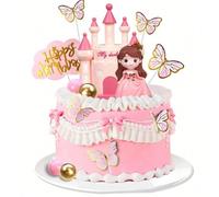 19 pièces ou 1 pièce de décorations pour gâteau Princesse rose, robe rose, château rose, boules de mousse rose et or, décoration pour gâteau Un ensemble de 19 pièces,Château tridimensionnel rose 1pcPo