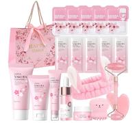 19 Pièces Sakura Ensemble de Soins de la Peau, Sakura Skincare avec Crème Nettoyante, Sérum, Masque de Boue, Kit Massage Gua Sha, Coffret Beauté pour Ado Fille et Femmes