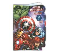 190853 Carte âge de 3 à 9 ans Joyeux Anniversaire pour tes ?? Ans Disque Roulette en papier Marvel Avengers Super-héros - Avec Enveloppe Bleue 12x17,5cm