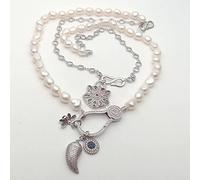 19''2 Cultured White Baroque Pearl pave Charm pendant statement Necklace for women