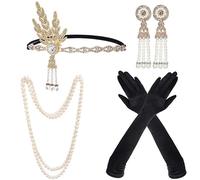 1920 Accessoires de Clapet des Années 1920 Ensemble D'accessoires de Costume des Années 20 Gatsby Charleston pour Femmes Bandeau Boucles D'oreilles Collier de Perles Gants Porte-cigarette (Style 1)