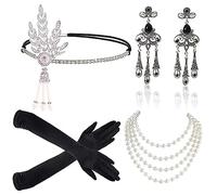 1920 Accessoires de Clapet des Années 1920 Ensemble D'accessoires de Costume des Années 20 Gatsby Charleston pour Femmes Bandeau Boucles D'oreilles Collier de Perles Gants Porte-cigarette (Style 3)