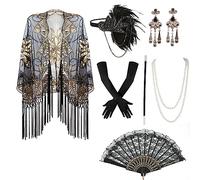 1920s Accessoires de Déguisement pour Femme, 7pcs Flapper Accessoires Annees 20 pour Gatsby y Compris une Écharpe de Soirée à Franges, Longs Gants, Bandeau, Collier de Perles, Boucles d'Oreilles
