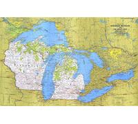 1973 Gros plan de la carte des États-Unis, du Wisconsin, du Michigan et des Grands Lacs