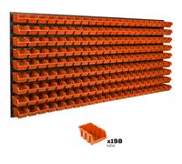 Lot de 198 bacs a bec oranges avec étagères murales empilables 173 x 78 cm, boites de rangement de vis, clous petits trucs, panneau a fixer au mur, modulable solide