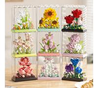 1983 pièces Blocs de construction de fleurs préservées réalistes avec pot et couvercle anti-poussière, rose/œillet/pissenlit/tournesol/tulipe/muguet/pivoine/jasmin. Décoration de bureau florale 3D cré
