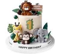 19PCS Safari Cake Topper, Jungle Wild One Cake Topper with Animal Leaves Balls Cake Decorations for Safari Animals Theme Birthday Party Decorations