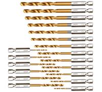 19pcs Titanium-Coated Drill Bit Set with 135° Tip, Hex Shank for Wood, Soft Metal & Plastic (1/16"-1/4") - Quick Change