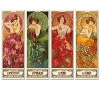 1art1 Alphonse Mucha Poster Impression sur Toile Les Pierres Précieuses, 1900, 4 Parties Affiche Murale XXL Encadrée | Tendue sur Cadre en Bois | Tableau 120x90 cm