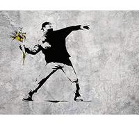 1art1 Banksy Poster Impression sur Toile Le Lanceur de Fleurs, Graffiti Art Urbain Affiche Murale XXL Encadrée | Tendue sur Cadre en Bois | Tableau 40x30 cm