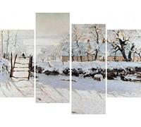 1art1 Claude Monet Poster Impression sur Toile La Pie, 1868-69, 4 Parties Affiche Murale XXL Encadrée | Tendue sur Cadre en Bois | Tableau 120x80 cm