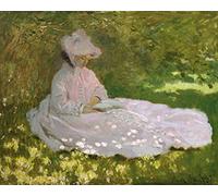 1art1 Claude Monet Poster Impression sur Toile Le Printemps, La Liseuse, 1872 Affiche Murale XXL Encadrée | Tendue sur Cadre en Bois | Tableau 50x40 cm