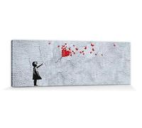 1art1 Filles Poster Impression sur Toile La Fille Au Ballon Rouge en Papillons, Style Banksy Affiche Murale XXL Encadrée | Tendue sur Cadre en Bois | Tableau 150x50 cm