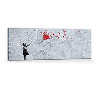 1art1 Filles Poster Impression sur Toile La Fille Au Ballon Rouge en Papillons, Style Banksy Affiche Murale XXL Encadrée | Tendue sur Cadre en Bois | Tableau 120x40 cm