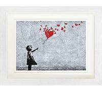 1art1 Filles Poster La Fille Au Ballon Rouge en Papillons, Style Banksy Affiche Encadrée avec Passe-Partout Élégant | Images Murales | dans Un Cadre Photo 40x30 cm